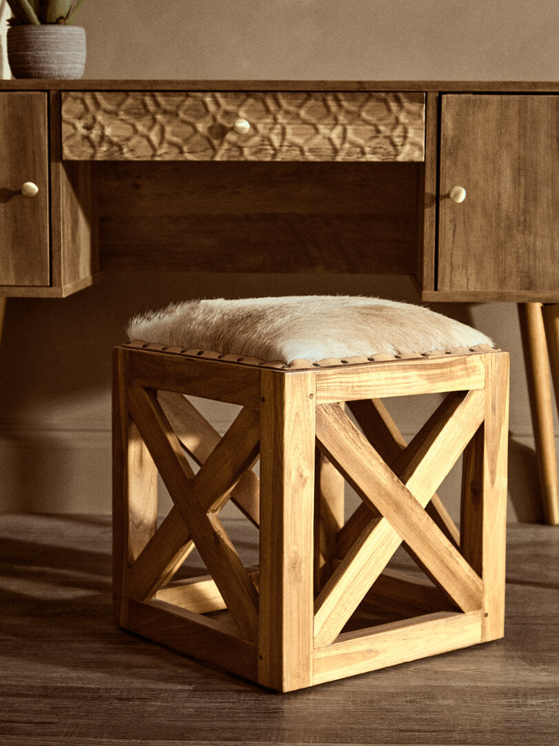 Sumatra Hair on Leather and Teak Wood Square Stool