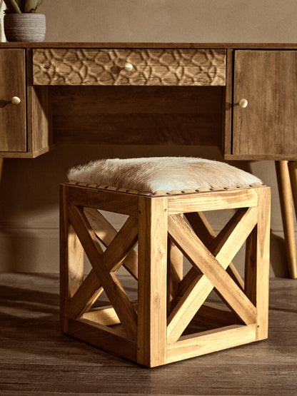 Sumatra Hair on Leather and Teak Wood Square Stool