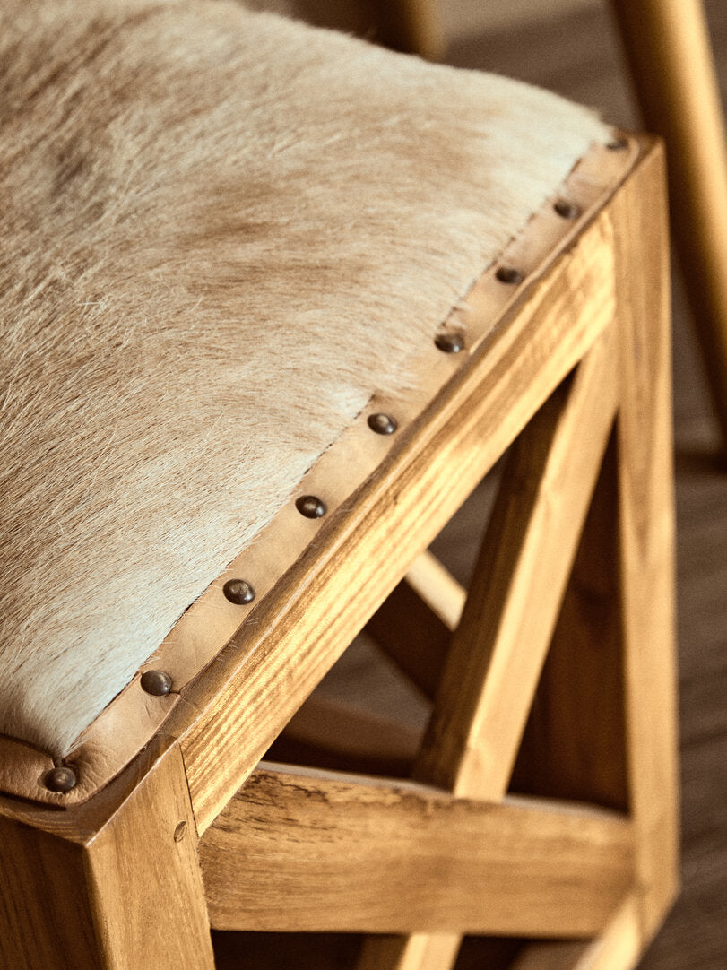 Sumatra Hair on Leather and Teak Wood Square Stool