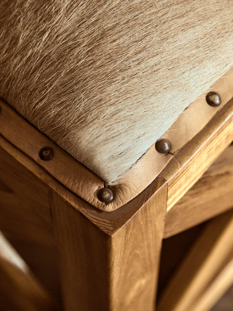 Sumatra Hair on Leather and Teak Wood Square Stool