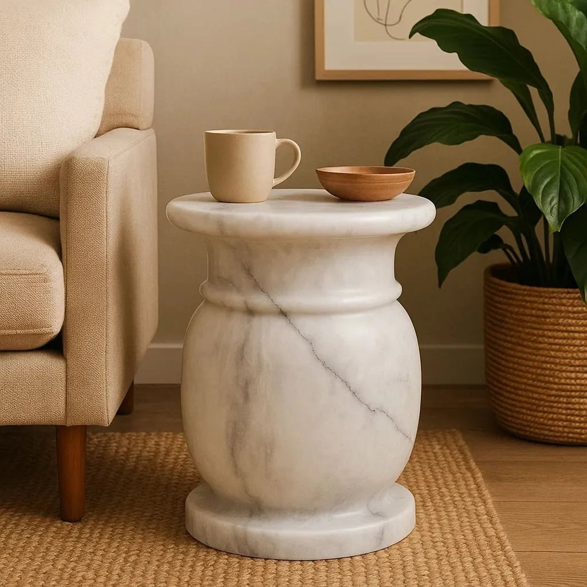 Carrara White Marble Stool and Side Table