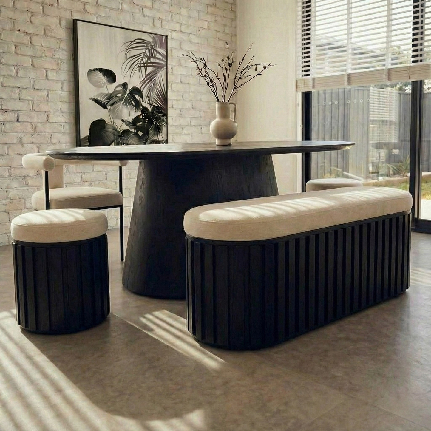 Sicily Black Mango Wood and Cream Linen Stool
