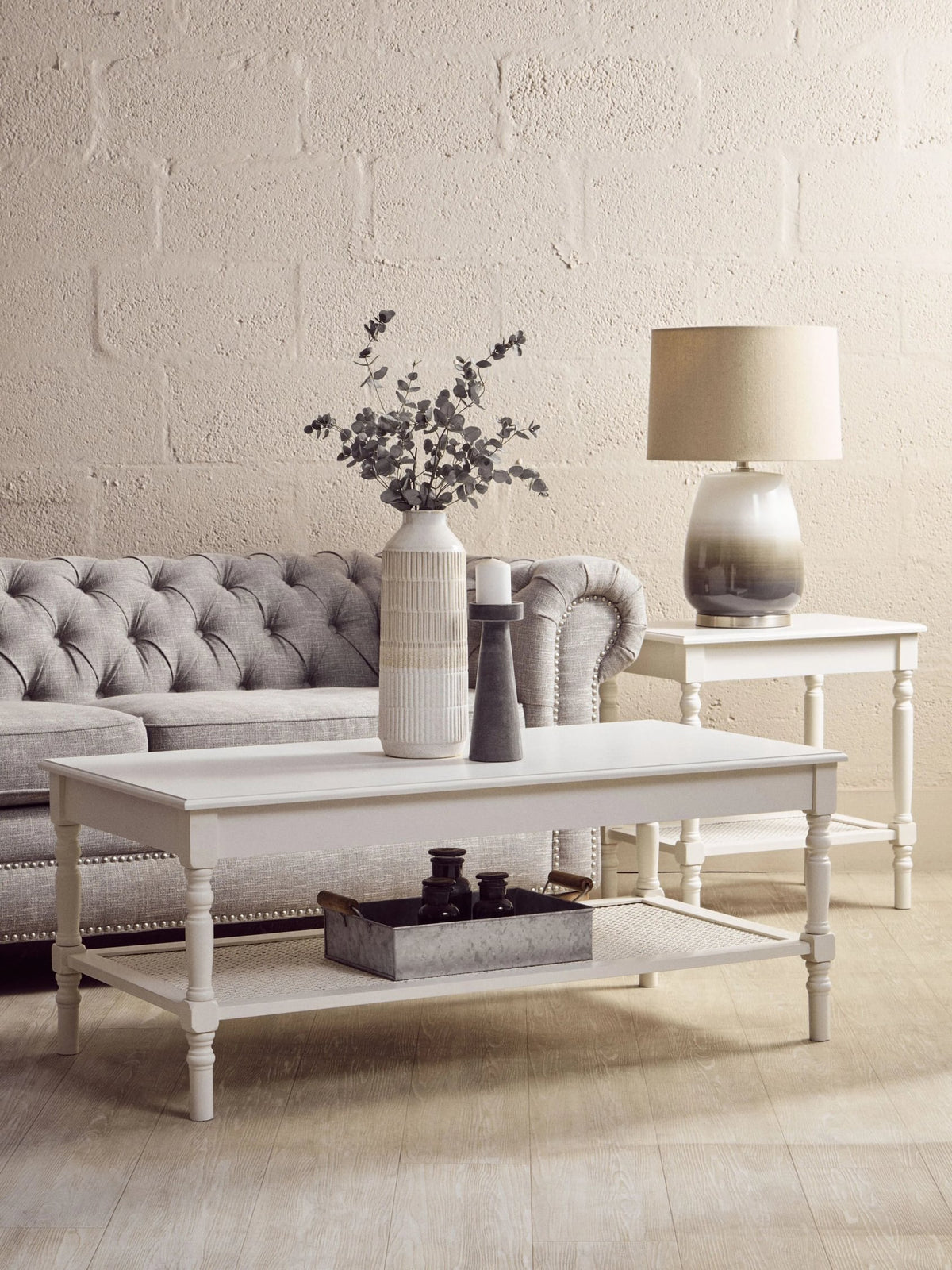 Heirloom White Wooden Side Table with Lower Shelf