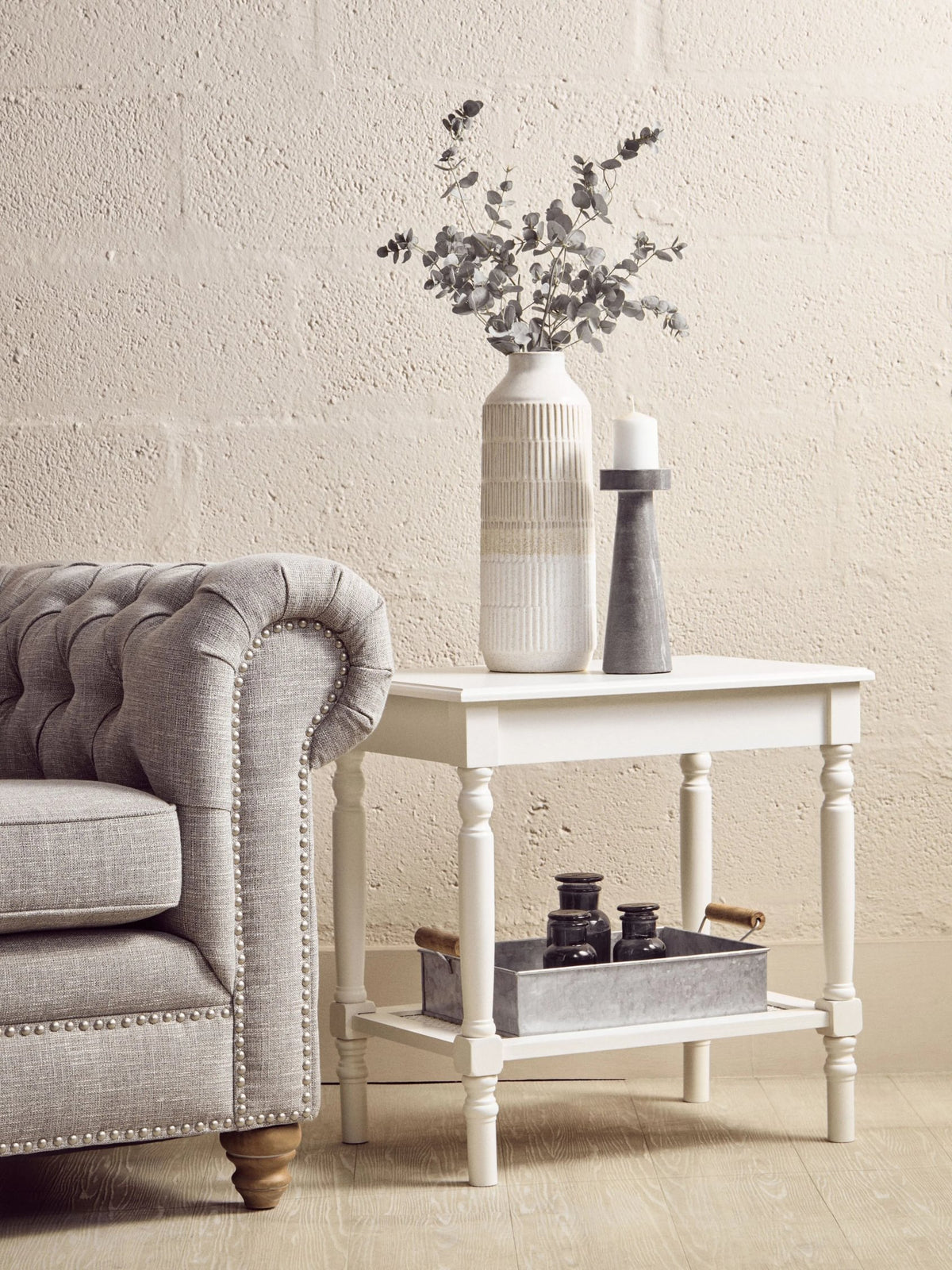 Heirloom White Wooden Side Table with Lower Shelf
