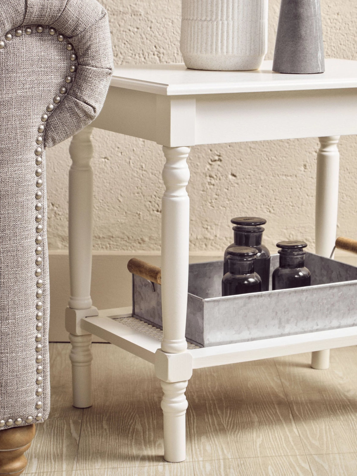 Heirloom White Wooden Side Table with Lower Shelf