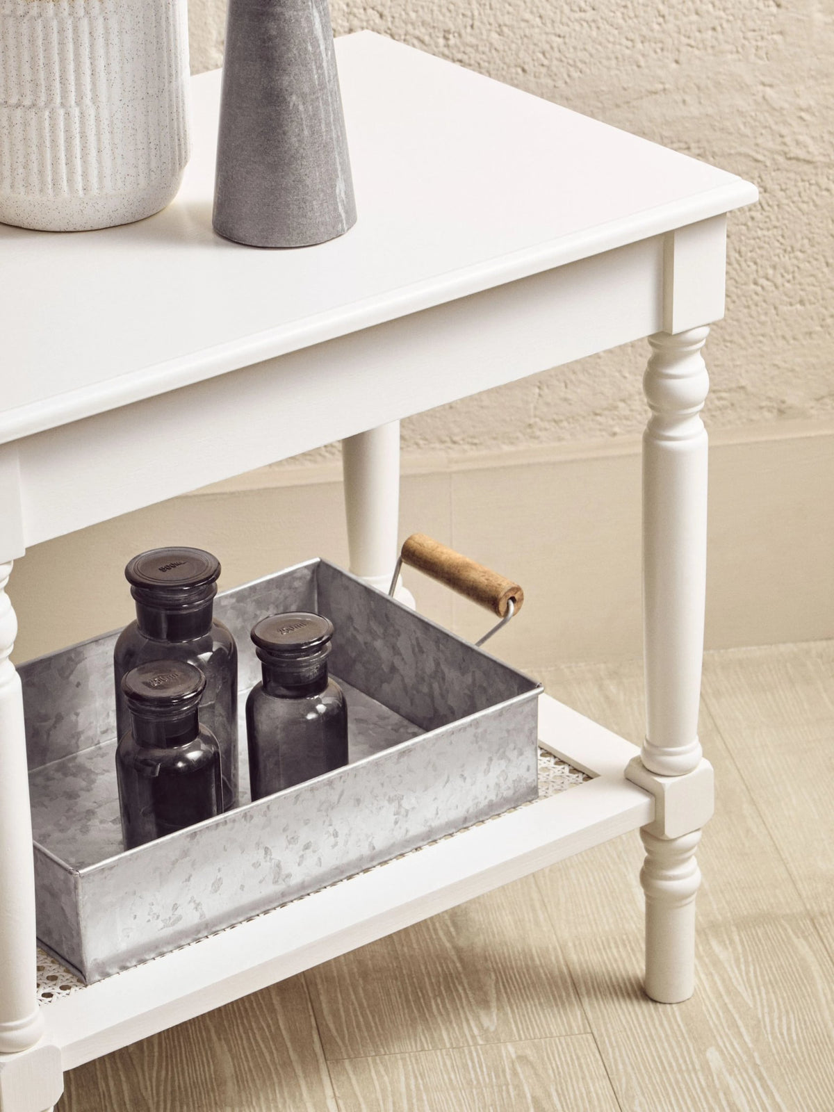 Heirloom White Wooden Side Table with Lower Shelf