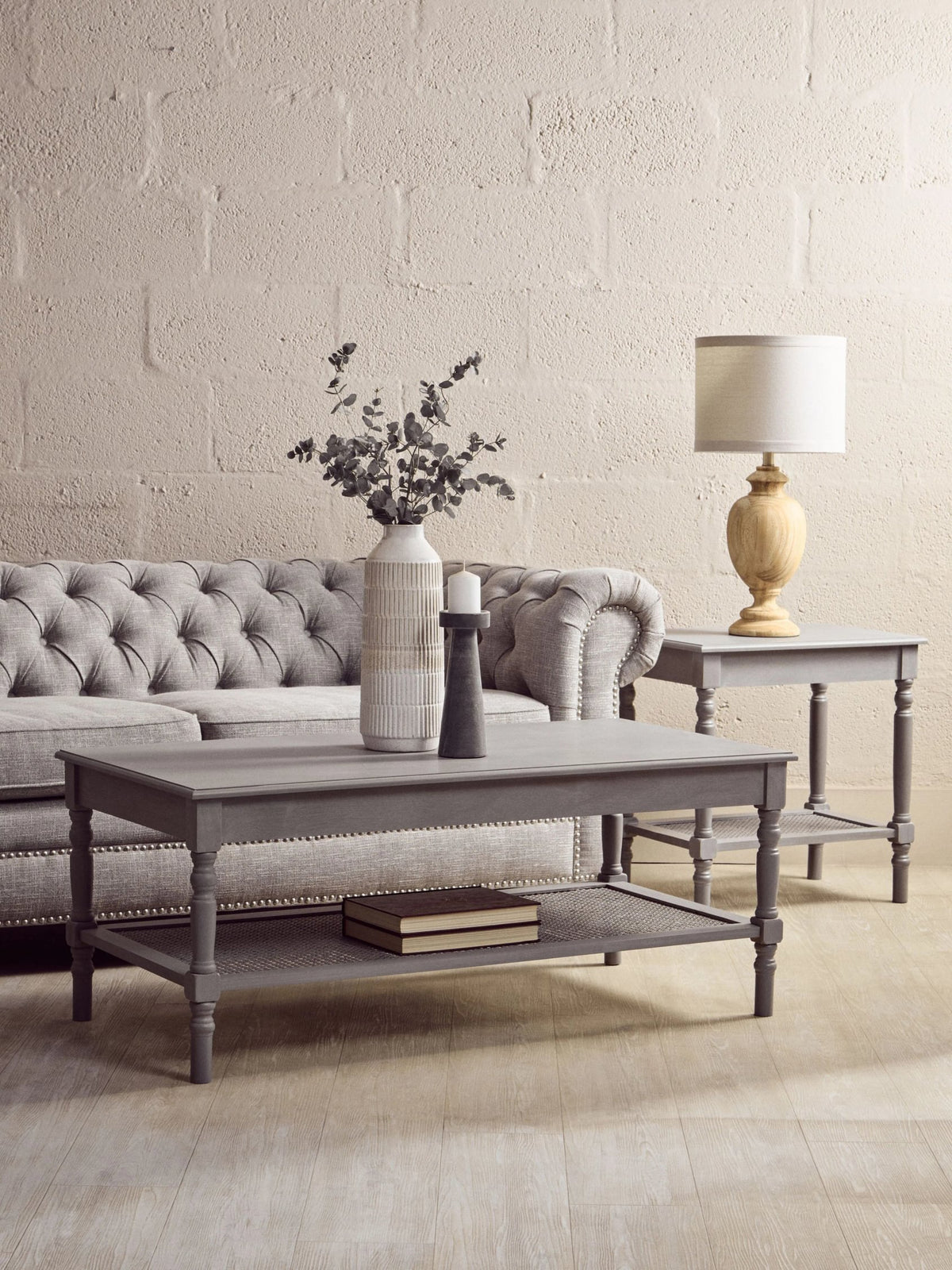 Heirloom Grey Wash Wooden Coffee Table with Rattan Shelf