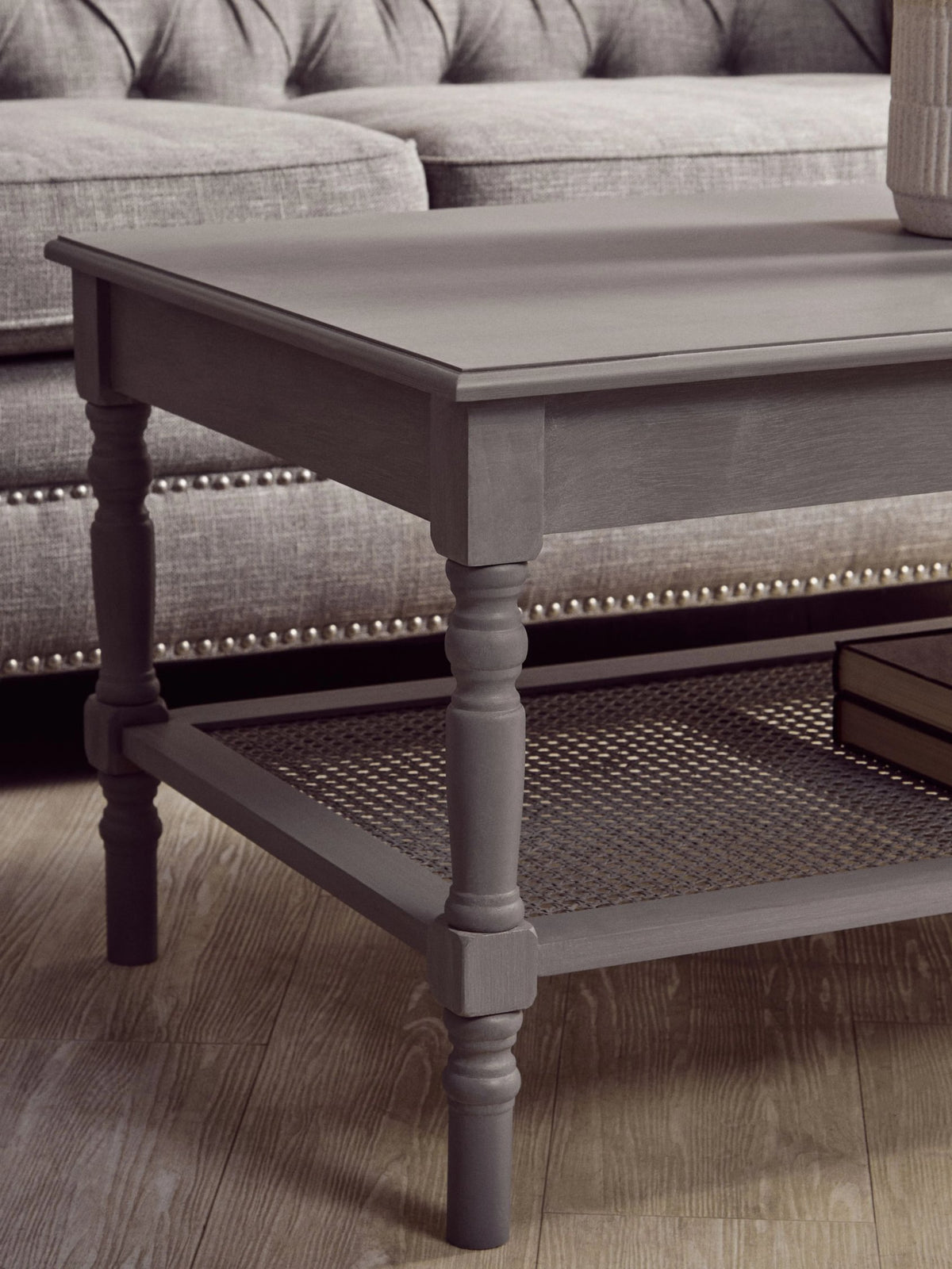 Heirloom Grey Wash Wooden Coffee Table with Rattan Shelf