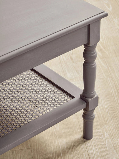 Heirloom Grey Wash Wooden Coffee Table with Rattan Shelf