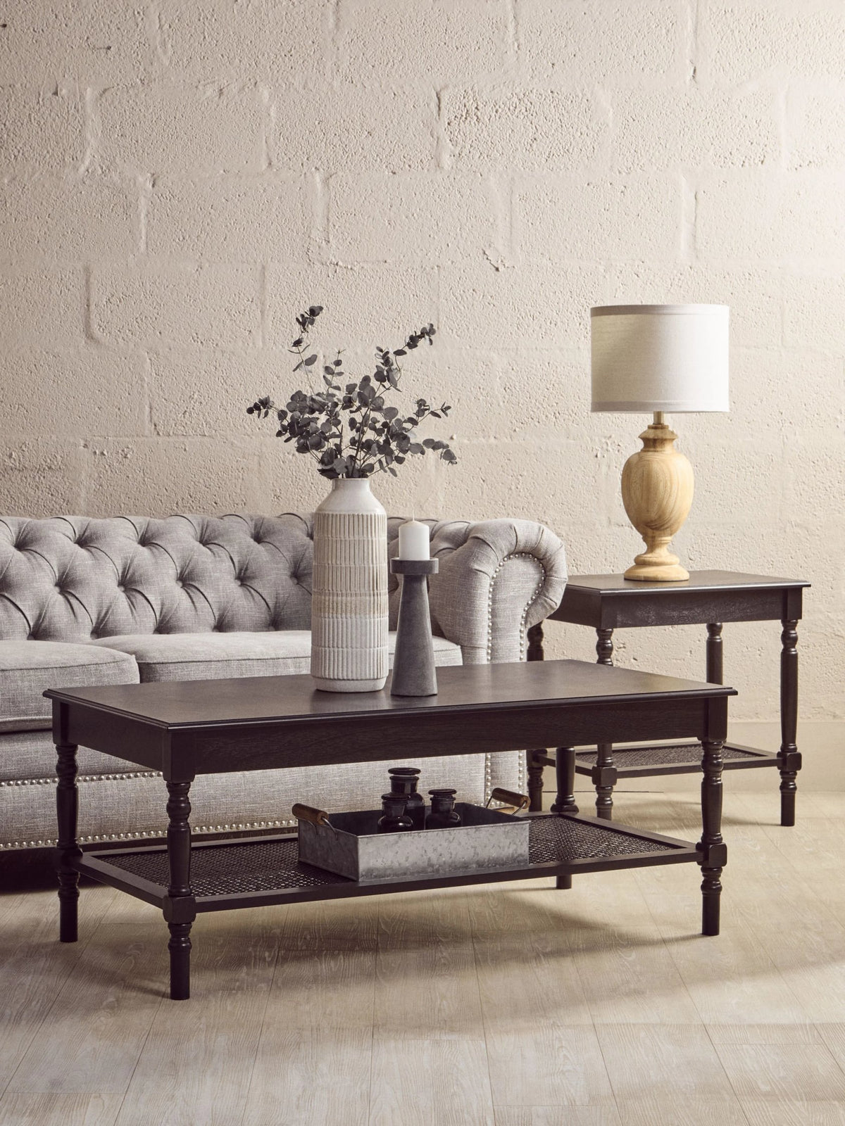Heirloom Black Wooden Coffee Table with Rattan Shelf