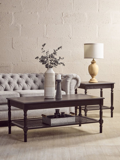 Heirloom Black Wooden Coffee Table with Rattan Shelf