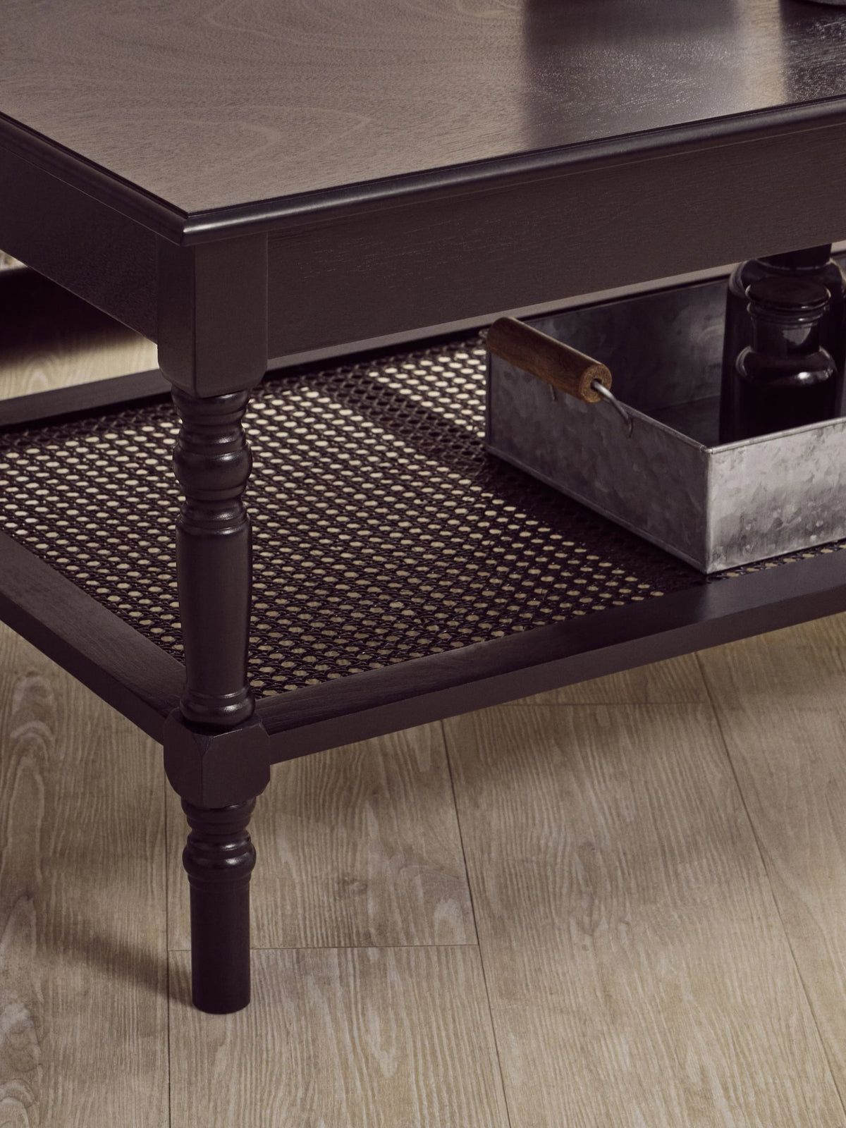 Heirloom Black Wooden Coffee Table with Rattan Shelf