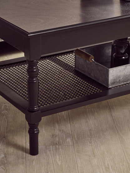 Heirloom Black Wooden Coffee Table with Rattan Shelf
