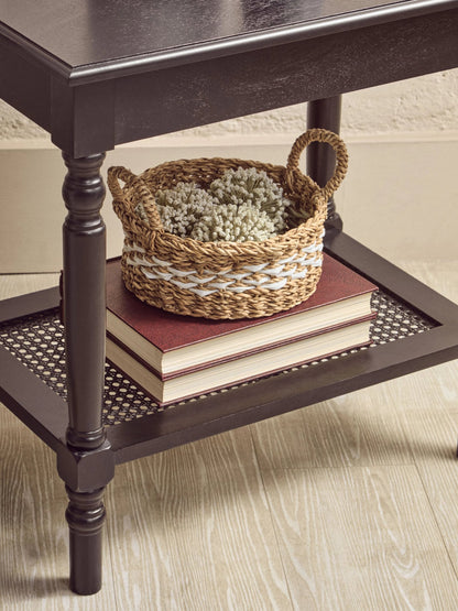 Heirloom Black Wooden Coffee Table with Rattan Shelf