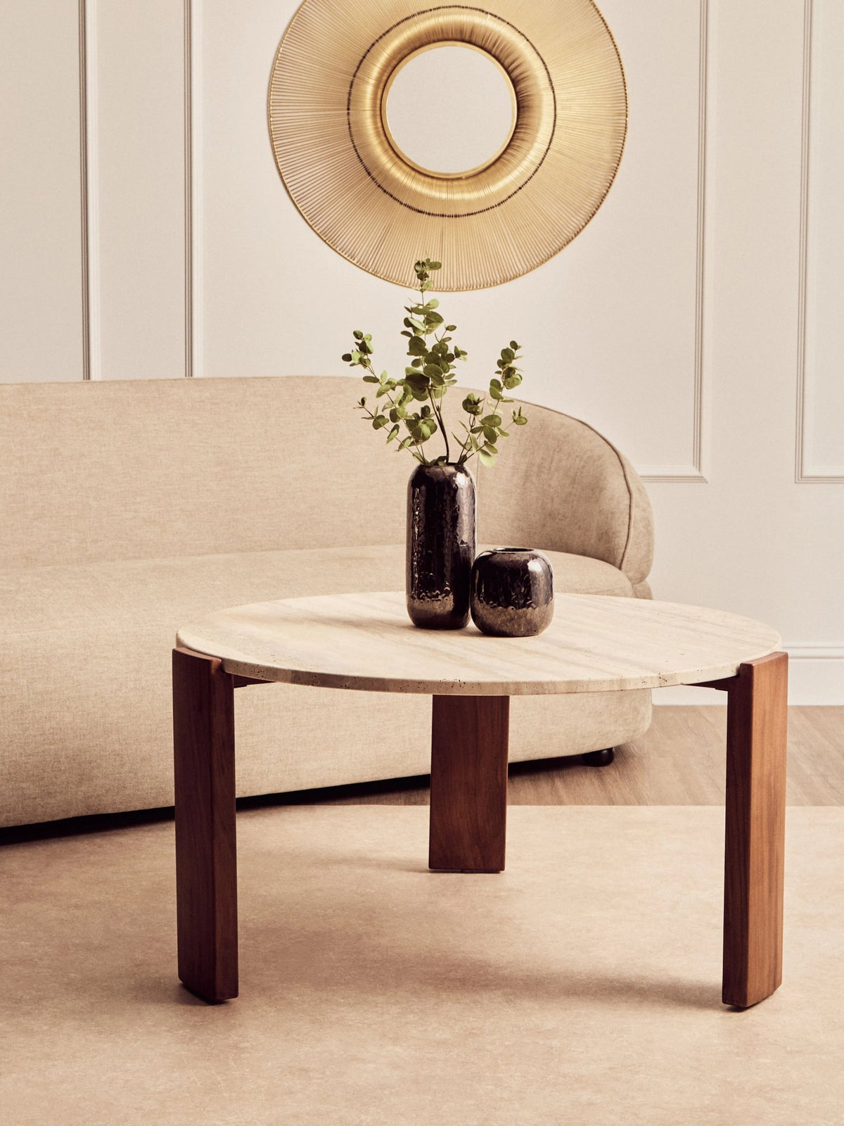 Iberia Travertine and Acacia Wood Large Coffee Table