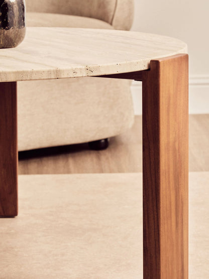 Iberia Travertine and Acacia Wood Large Coffee Table