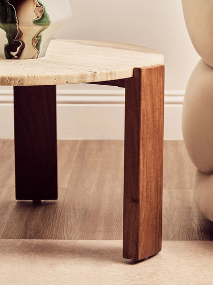Iberia Travertine and Acacia Wood Small Coffee Table
