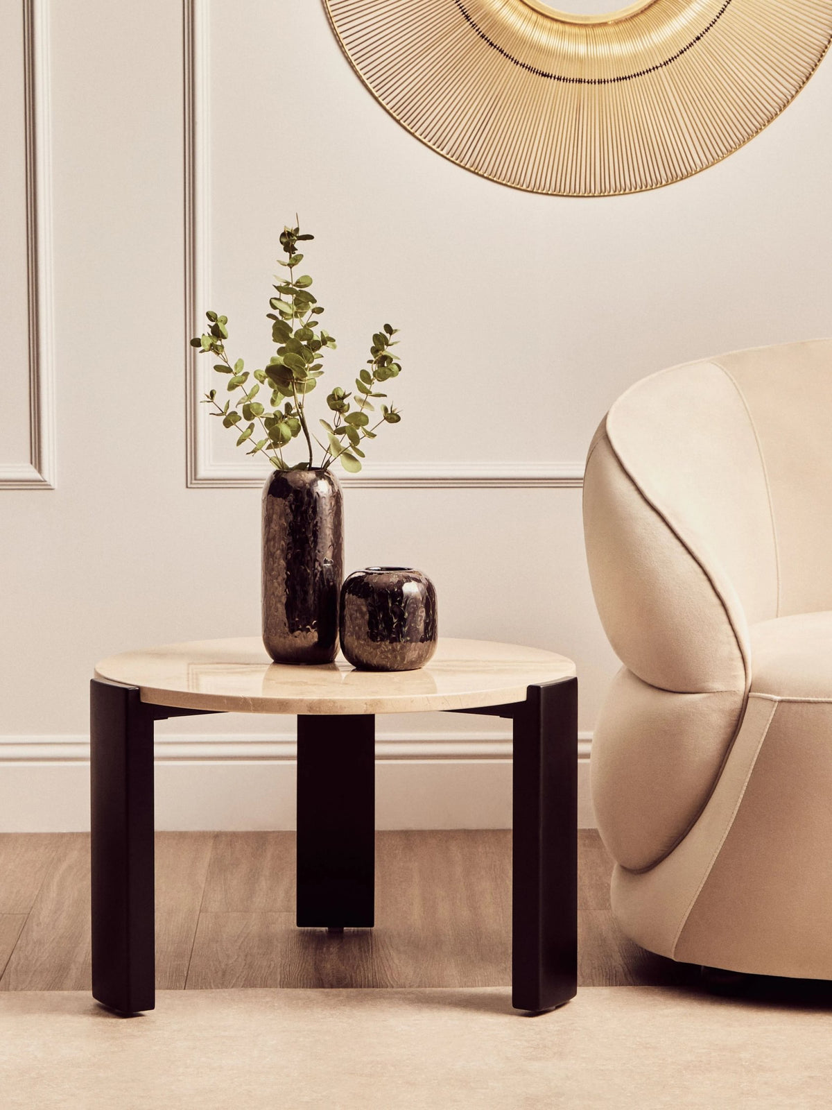 Iberia Cream Marble and Black Acacia Wood Small Coffee Table