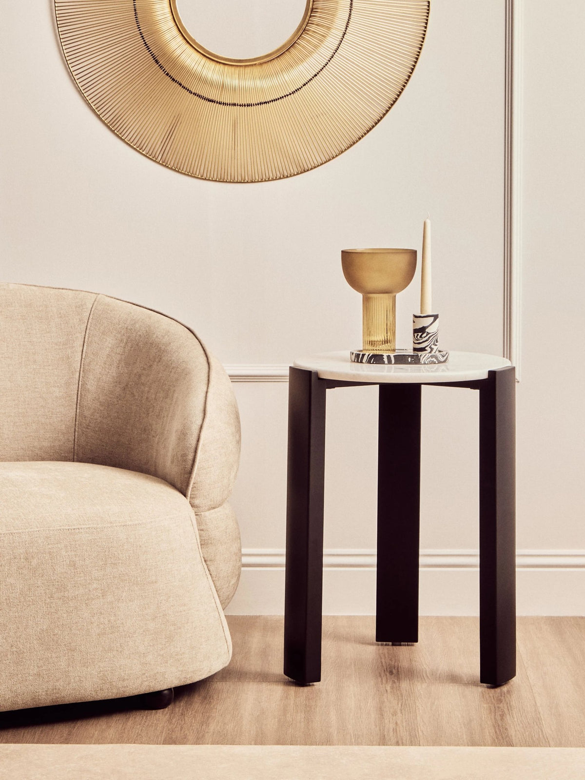 Iberia White Marble and Black Acacia Wood Side Table
