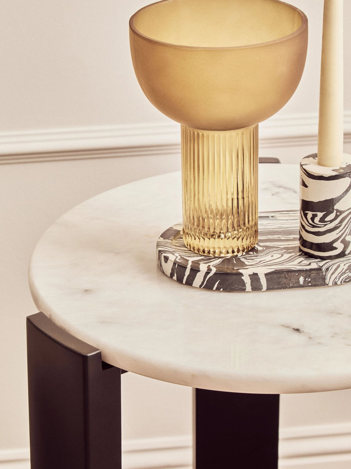 Iberia White Marble and Black Acacia Wood Side Table