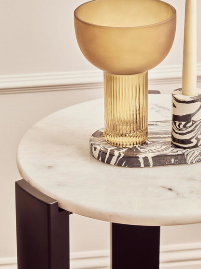 Iberia White Marble and Black Acacia Wood Side Table