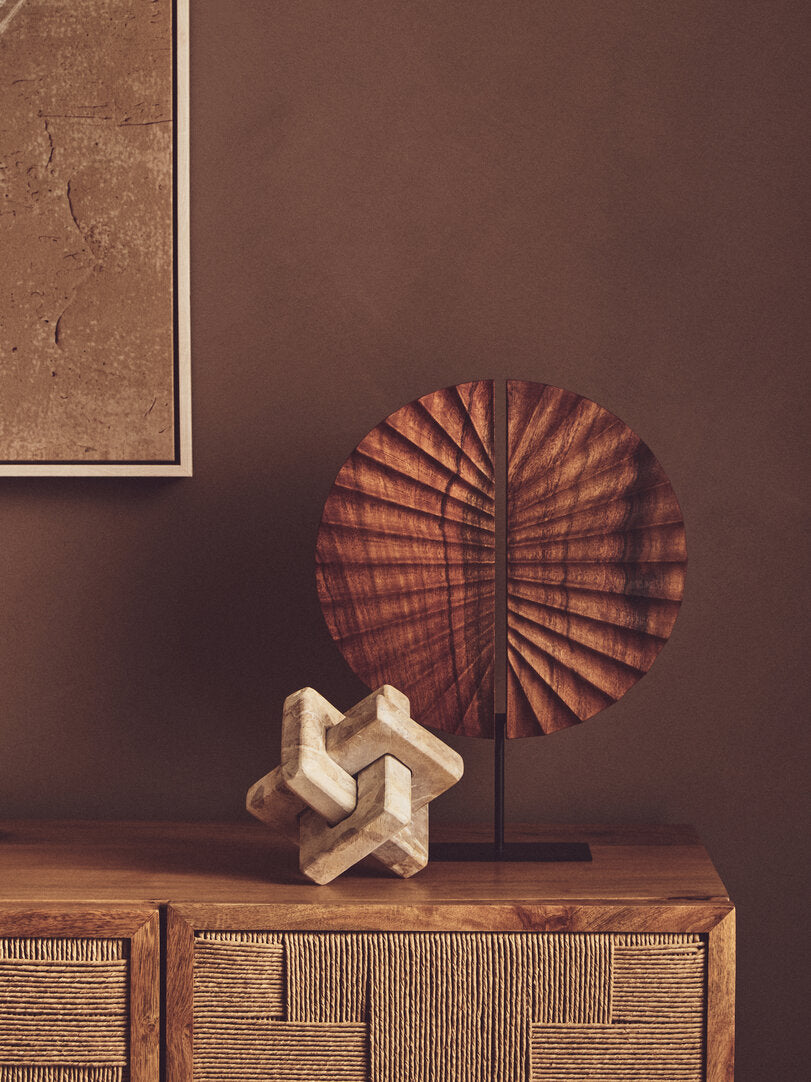 Compass Brown Wood Sculpture With Black Base