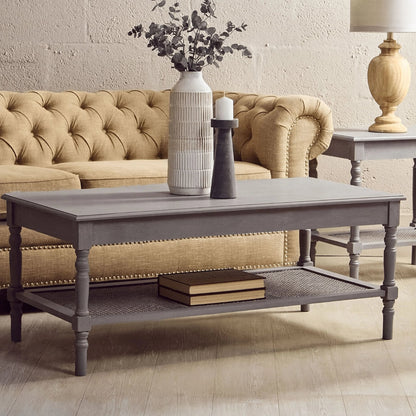Heirloom Grey Wash Wooden Coffee Table with Rattan Shelf