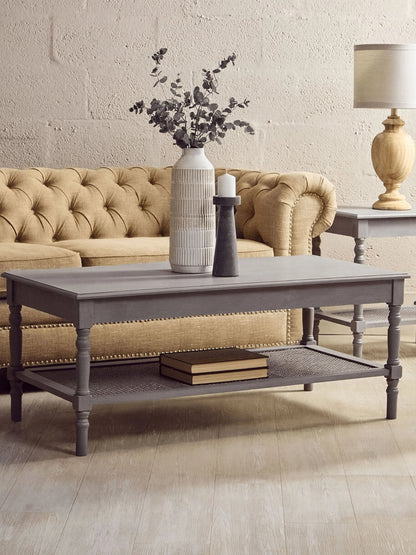 Heirloom Grey Wash Wooden Coffee Table with Rattan Shelf