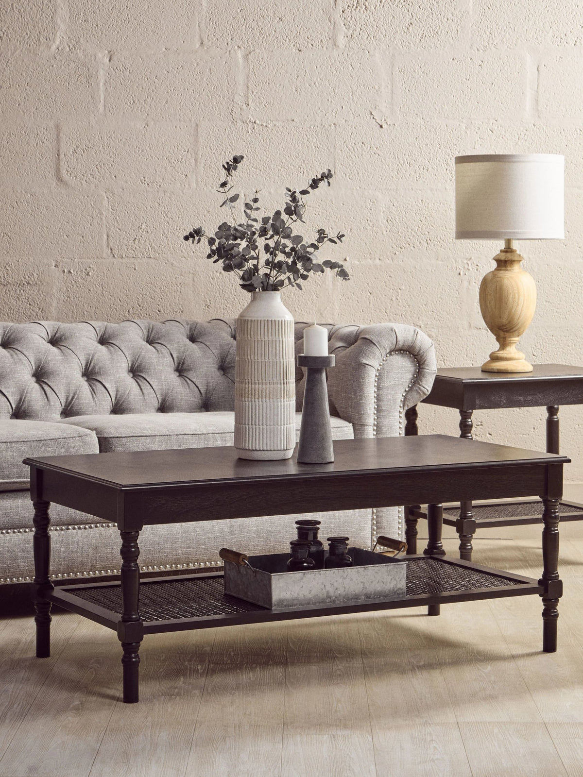 Heirloom Black Wooden Coffee Table with Rattan Shelf