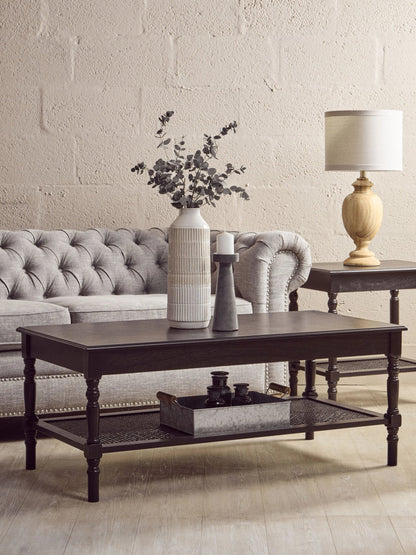 Heirloom Black Wooden Coffee Table with Rattan Shelf