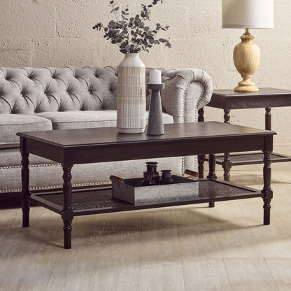 Heirloom Black Wooden Coffee Table with Rattan Shelf