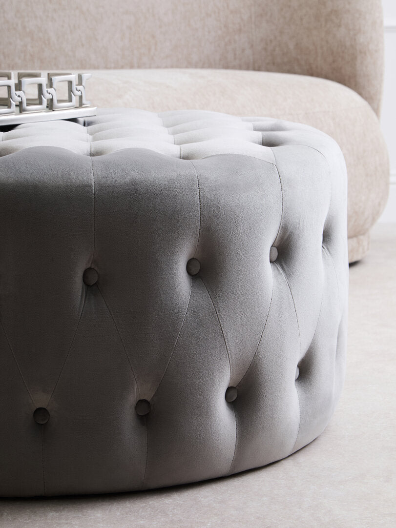 Harper Grey Velvet Round Tufted Footstool