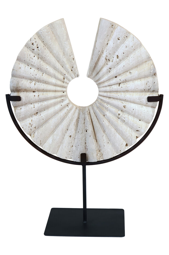 Roman Travertine Disc Sculpture with Black Metal Base