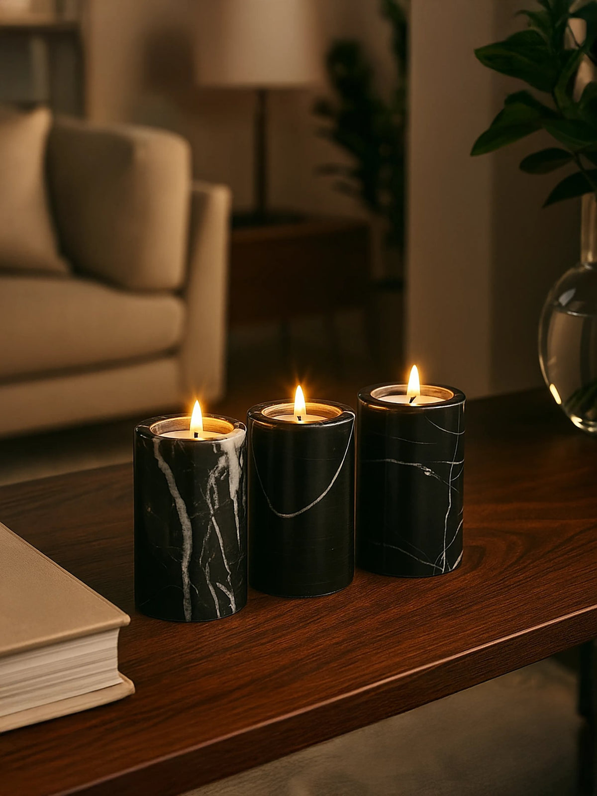 Obsidelle Set Of Three Black Marble Tealight Holders