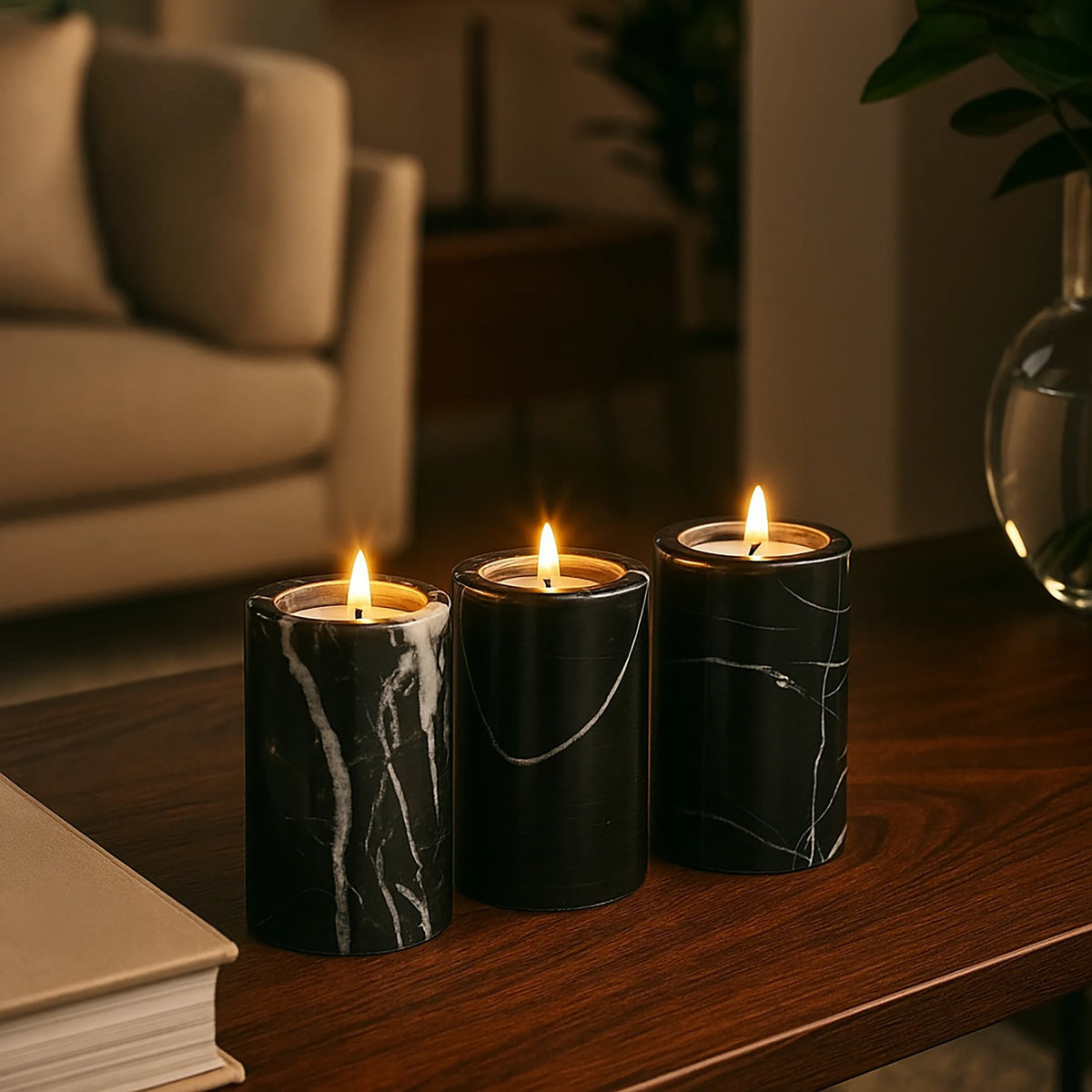 Obsidelle Set Of Three Black Marble Tealight Holders