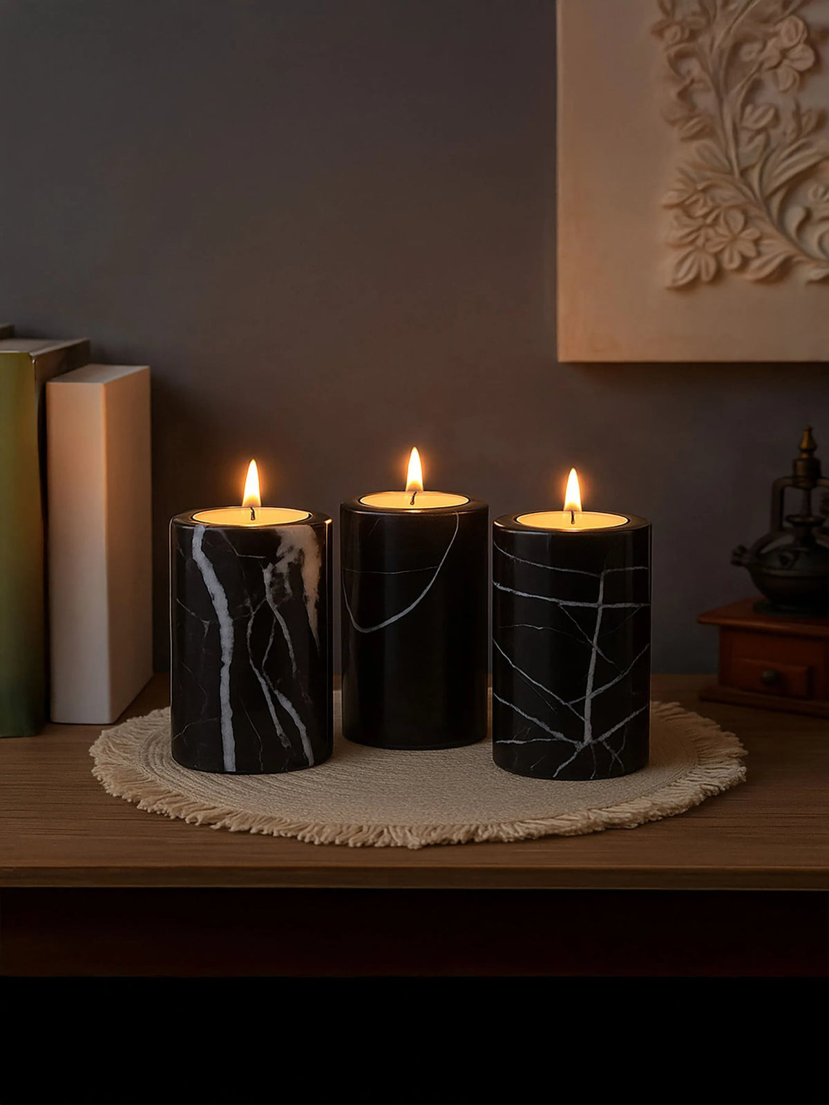 Obsidelle Set Of Three Black Marble Tealight Holders