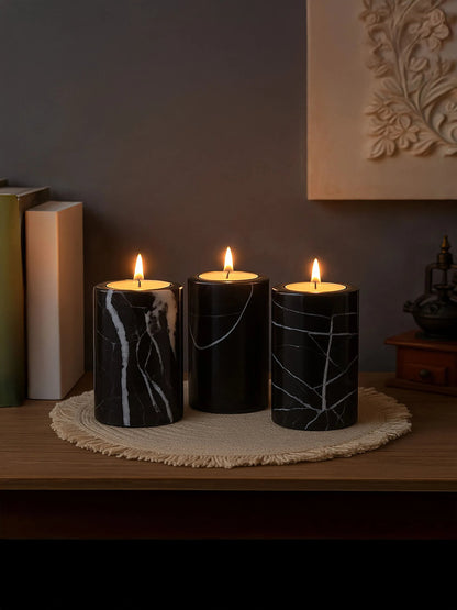 Obsidelle Set Of Three Black Marble Tealight Holders