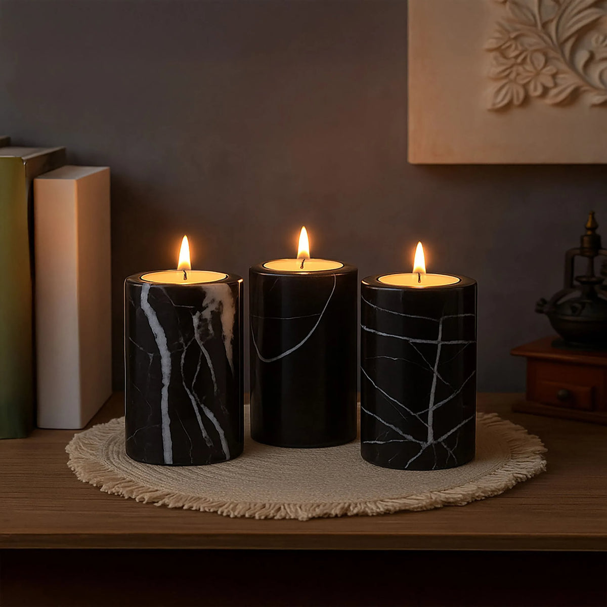 Obsidelle Set Of Three Black Marble Tealight Holders