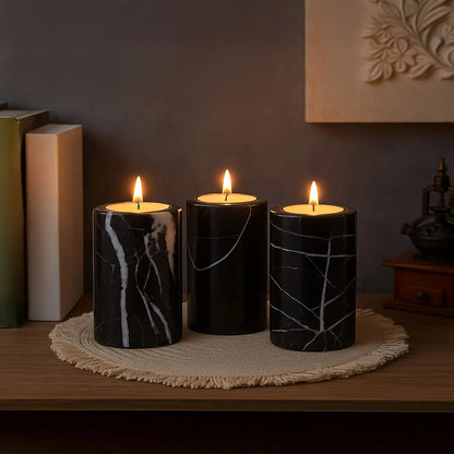 Obsidelle Set Of Three Black Marble Tealight Holders