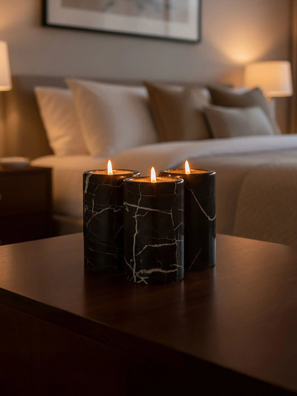 Obsidelle Set Of Three Black Marble Tealight Holders