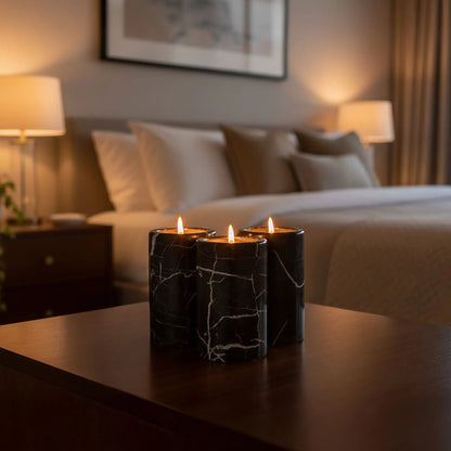 Obsidelle Set Of Three Black Marble Tealight Holders
