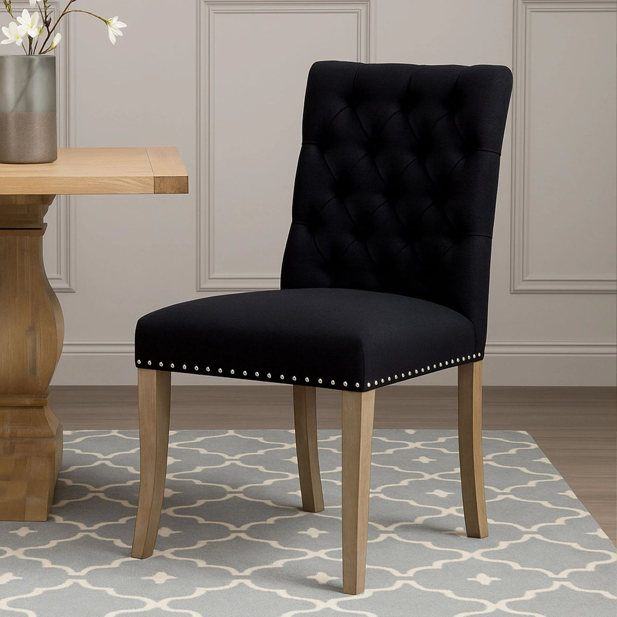 Chelsea Townhouse Black Linen Dining Chair with Wooden Legs
