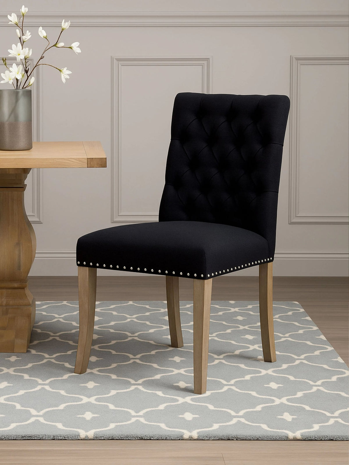 Chelsea Townhouse Black Linen Dining Chair with Wooden Legs