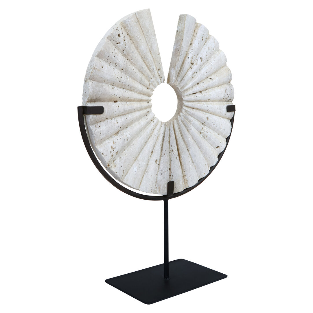 Roman Travertine Disc Sculpture with Black Metal Base