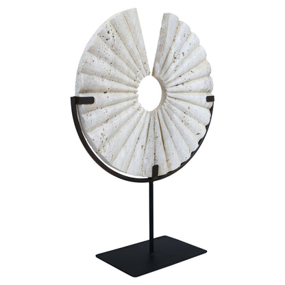 Roman Travertine Disc Sculpture with Black Metal Base