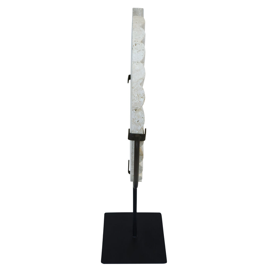 Roman Travertine Disc Sculpture with Black Metal Base