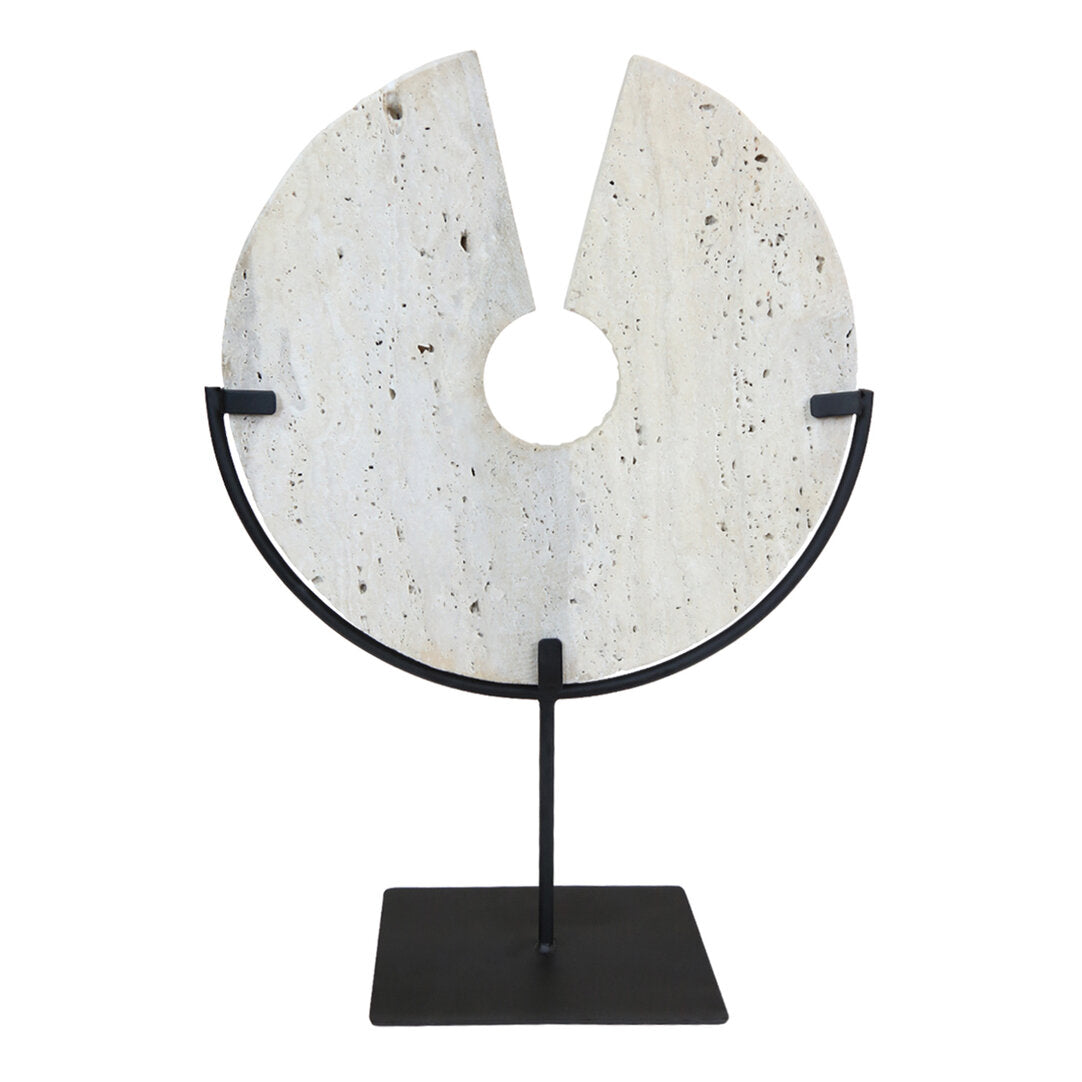 Roman Travertine Disc Sculpture with Black Metal Base