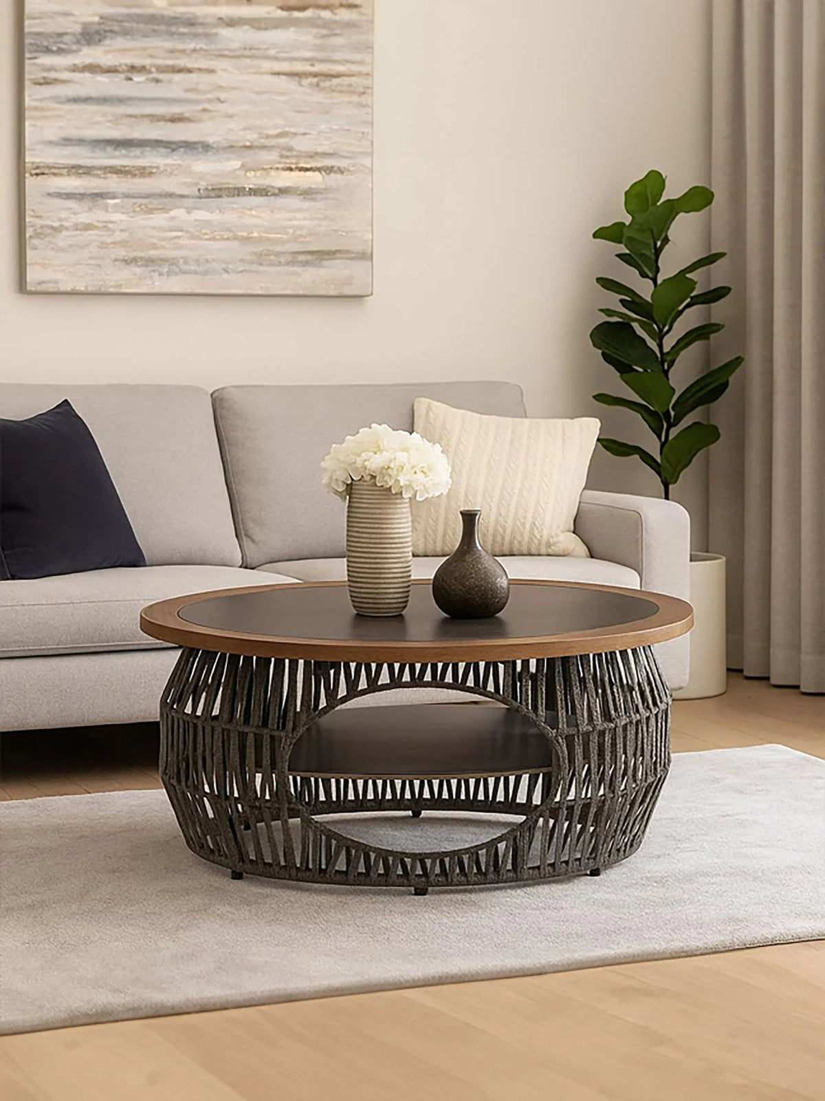 Masterpiece Grey Woven Rope and Stone Round Coffee Table