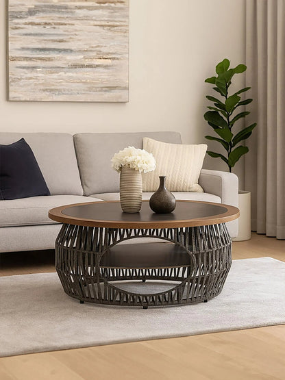 Masterpiece Grey Woven Rope and Stone Round Coffee Table