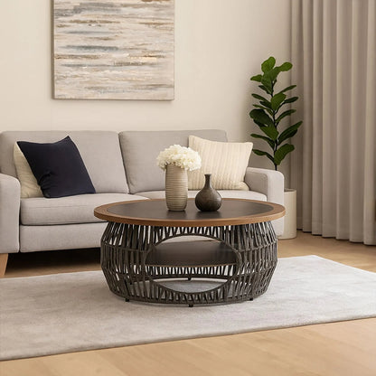 Masterpiece Grey Woven Rope and Stone Round Coffee Table